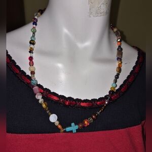 Semi Precious Stone Crystals And Glass Cross Necklace